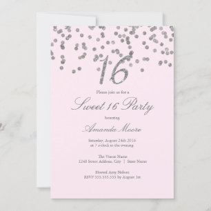 Invitation Sweet sixteen rose Confetti Argent
