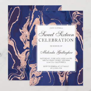 Invitation Sweet sixteen rose de marbre de bleu marine de