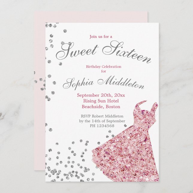 Invitation Sweet sixteen rose étincelle Élégant Anniversaire  (Devant / Derrière)