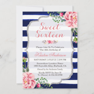 Invitation Sweet sixteen rose Floral Argent Bleu Grandes