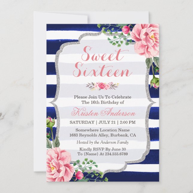Invitation Sweet sixteen rose Floral Argent Bleu Grandes (Devant)