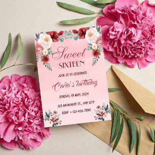 Invitation Sweet sixteen rose Floral Élégante fête d'annivers