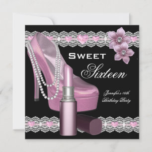 Invitation Sweet sixteen rose noir 16 Partie Chaussure Lipsti