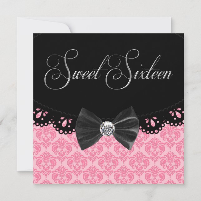 Invitation Sweet sixteen rose noir Damas fête d'anniversaire (Devant)