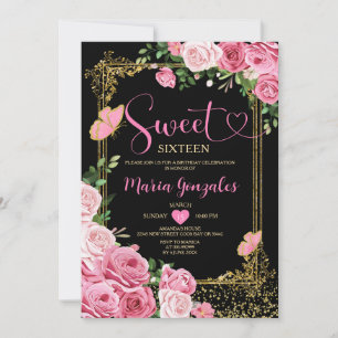 Invitation Sweet sixteen rose noir Or 16ème fille Anniversair