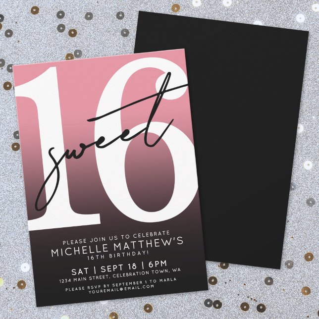 Invitation Sweet sixteen rose noire 16e anniversaire (Sweet Sixteen Black Pink 16th Birthday Invitation)