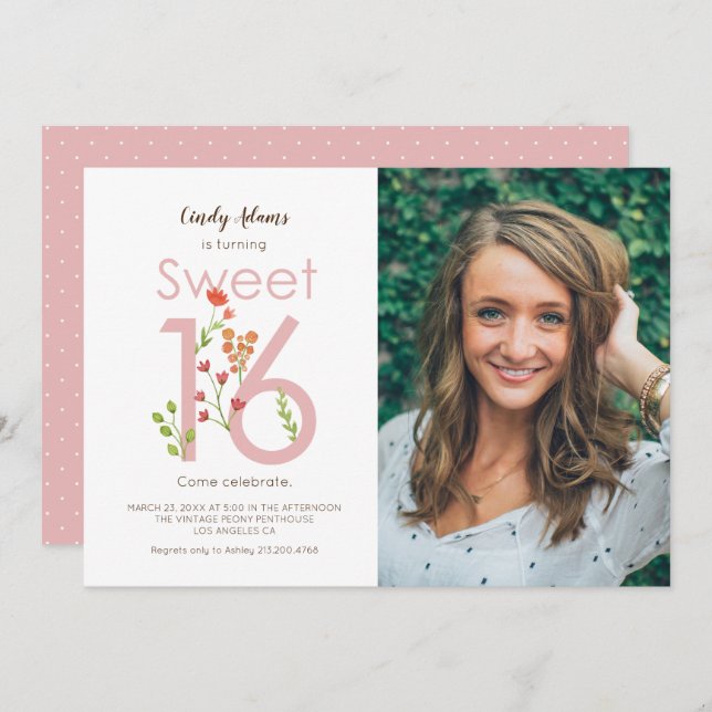 Invitation Sweet sixteen rose pâle avec fleurs d'aquarelle (Devant / Derrière)