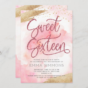 Invitation Sweet sixteen rose Parties scintillant d'aquarelle