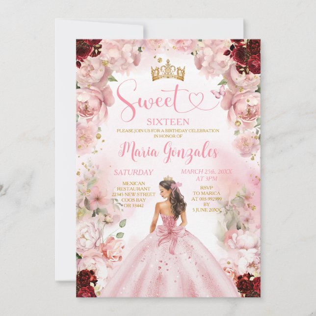 Invitation Sweet sixteen Rose Princesse Robe Bourgogne Floral (Devant)