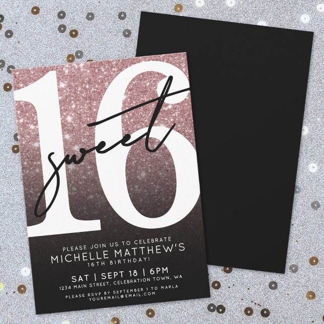 Invitation Sweet sixteen Rose Rose Gold Parties scintillant 1 (Sweet Sixteen Pink Rose Gold Glitter 16th Birthday Invitation)