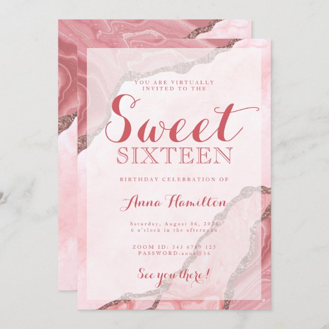 Invitation Sweet sixteen Rose rose pâle Agate virtuel Anniver (Devant / Derrière)