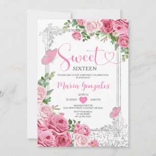 Invitation Sweet sixteen rose Silver 16ème Fille fête d'anniv