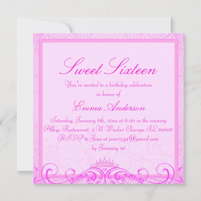 Invitation Sweet sixteen rose Tiara (Devant)