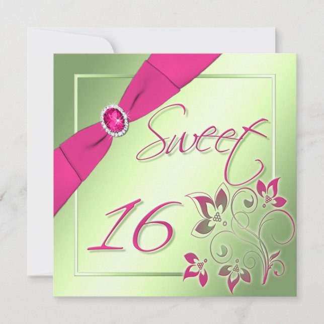 Invitation Sweet sixteen rose, vert et jaune (Devant)