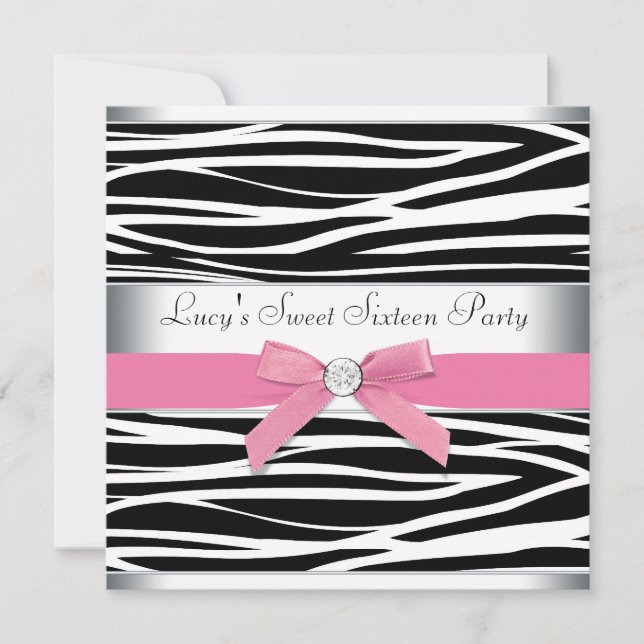 Invitation Sweet sixteen rose Zebra fête d'anniversaire (Devant)
