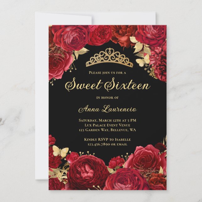 Invitation Sweet sixteen Roses rouges noires Floral 16e anniv (Devant)