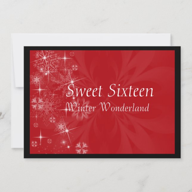Invitation Sweet sixteen rouge aux flocons de neig (Devant)