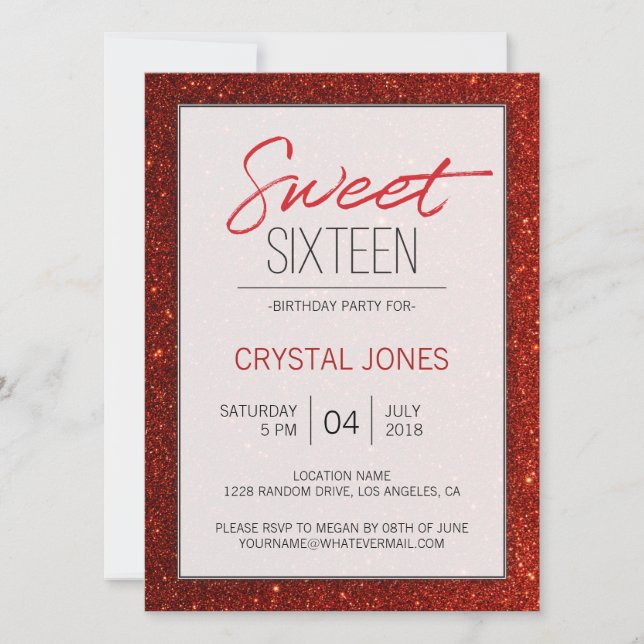 Invitation Sweet sixteen rouge étincelant (Devant)