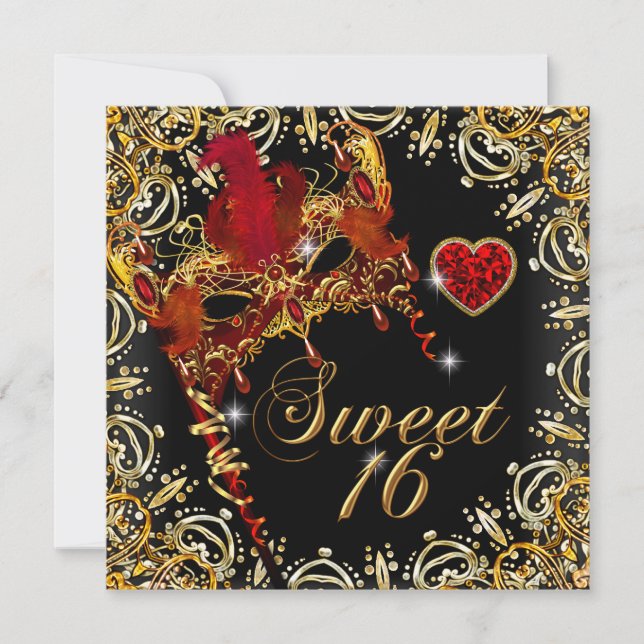 Invitation Sweet sixteen rouge Sweet 16 Masquerade Or (Devant)