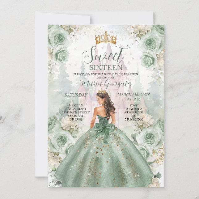 Invitation Sweet sixteen Sage Green Princess Floral Castle (Devant)