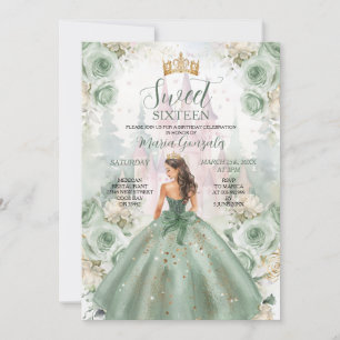 Invitation Sweet sixteen Sage Green Princess Floral Castle