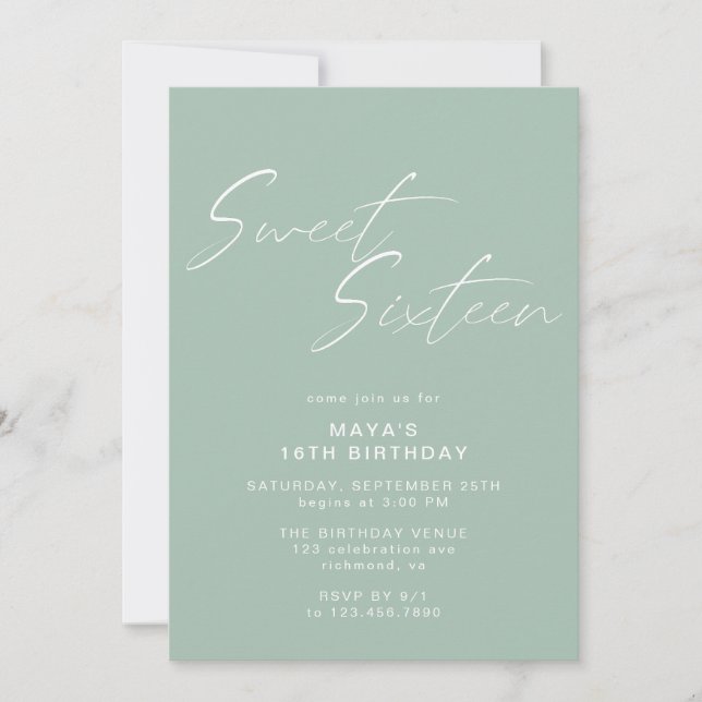 Invitation Sweet sixteen Script Sage Green Mint 16e anniversa (Devant)