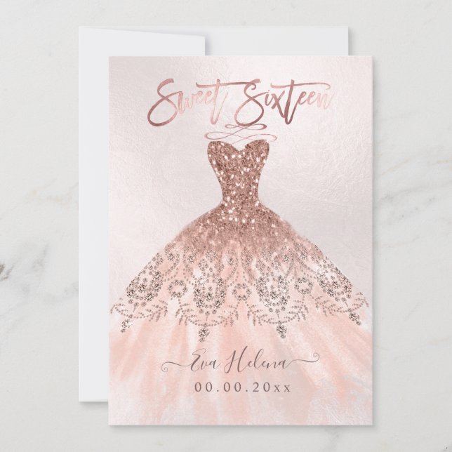 Invitation Sweet sixteen, Sparkle Gown, Faux Rose Gold (Devant)