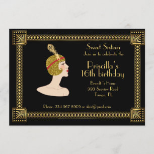 Invitation Sweet sixteen, style Gatsby, noir et or