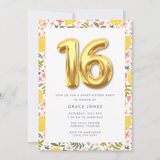 Invitation Sweet sixteen Summer Lemon fête d'anniversaire (Devant)