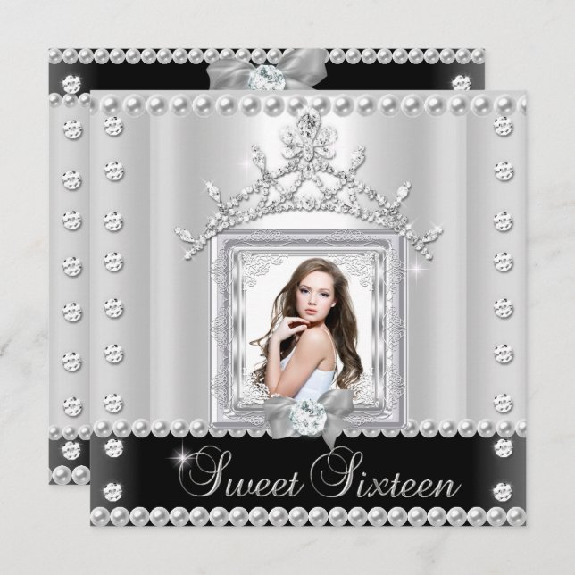 Invitation Sweet sixteen Sweet 16 Anniversaire Noir Blanc (Devant / Derrière)