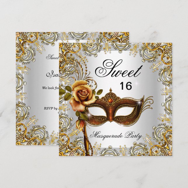 Invitation Sweet sixteen Sweet 16 Masquerade Gold 2 (Devant / Derrière)