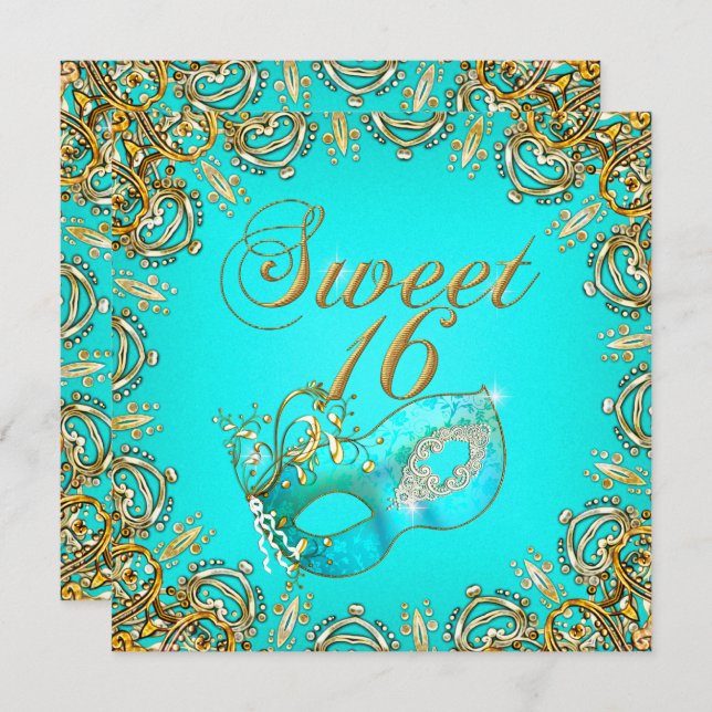 Invitation Sweet sixteen Sweet 16 Masquerade Or Turquoise (Devant / Derrière)
