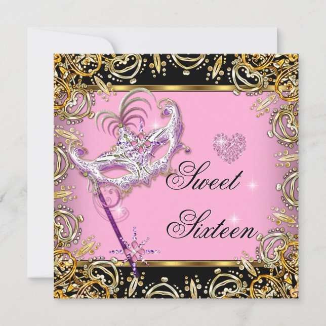 Invitation Sweet sixteen Sweet 16 Masquerade Rose Or Noir (Devant)