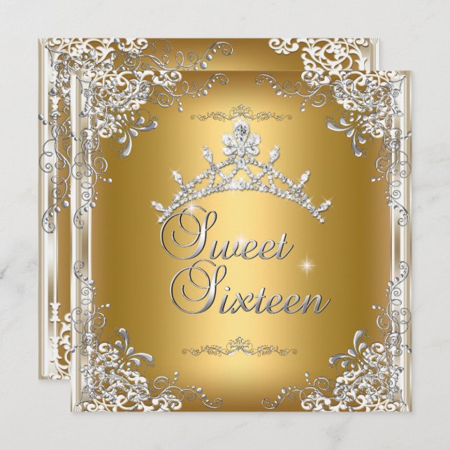 Invitation Sweet sixteen Sweet 16 Or Blanc Argent Tiara (Devant / Derrière)