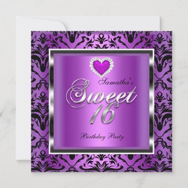 Invitation Sweet sixteen Sweet 16 Partie Purple Damask Noir (Devant)