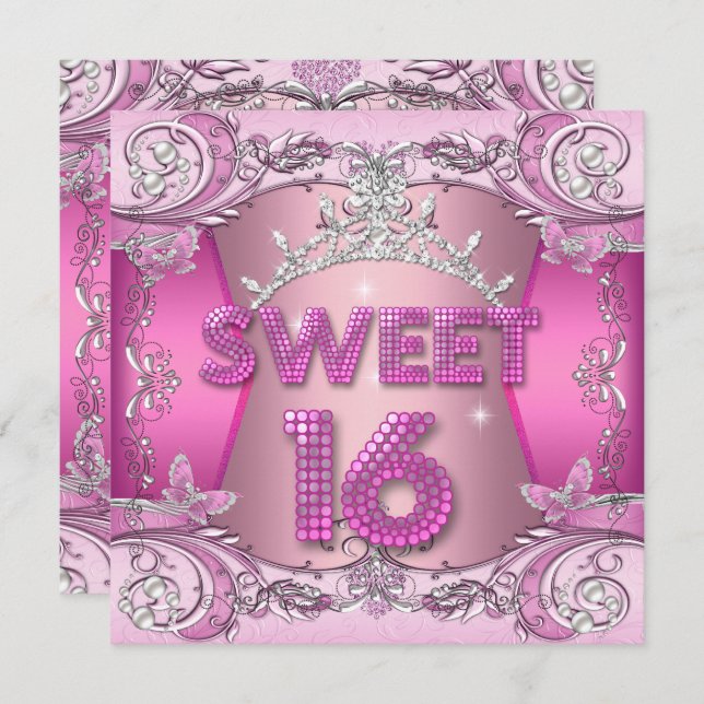 Invitation Sweet sixteen Sweet 16 Pink Silver Tiara (Devant / Derrière)