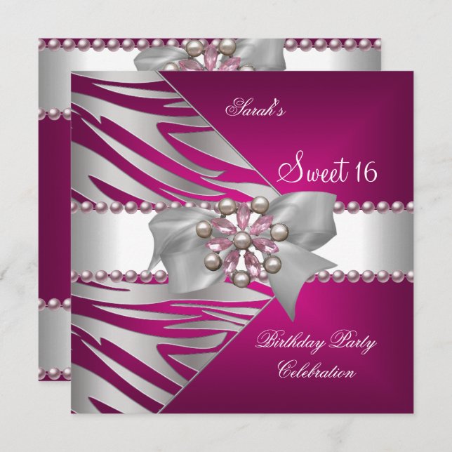 Invitation Sweet Sixteen Sweet 16 Pink Zebra White Pink Pearl (Devant / Derrière)