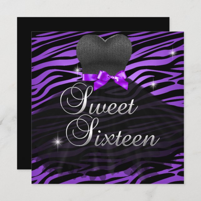 Invitation Sweet sixteen Sweet 16 Robe violet noir Zèbre (Devant / Derrière)