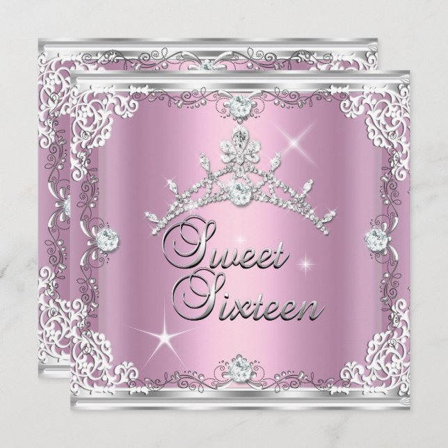 Invitation Sweet sixteen Sweet 16 Rose Silver Diamond Tiara (Devant / Derrière)