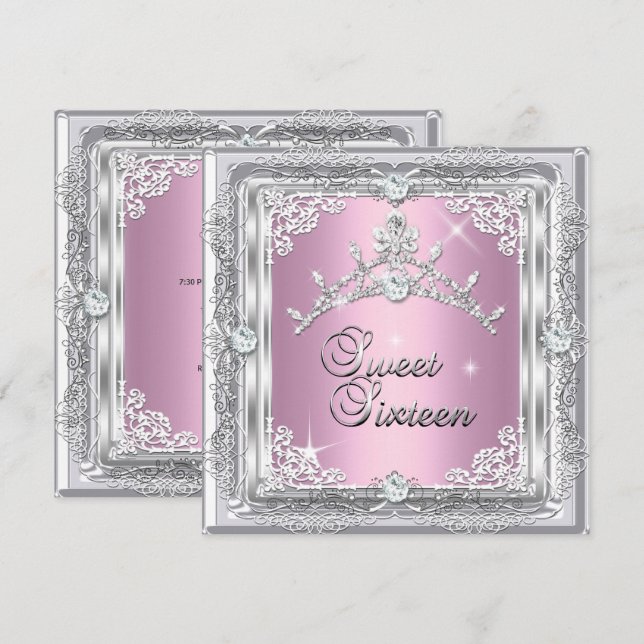 Invitation Sweet sixteen Sweet 16 Rose Silver Diamond Tiara (Devant / Derrière)