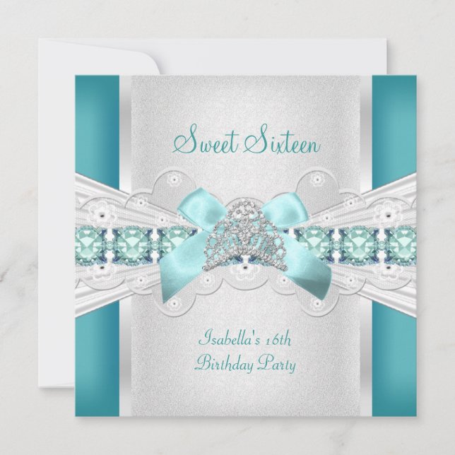 Invitation Sweet sixteen Sweet 16 Tiara Bleu Turquoise (Devant)