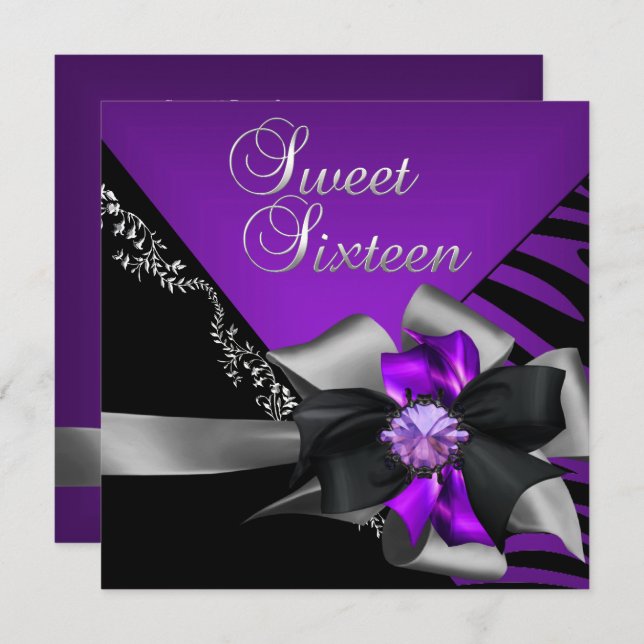 Invitation Sweet sixteen Sweet 16 Zebra Purple Black Silver (Devant / Derrière)