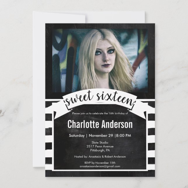 Invitation Sweet sixteen tableau noir blanc rayures photo (Devant)