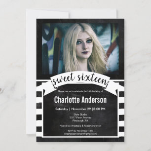 Invitation Sweet sixteen tableau noir blanc rayures photo