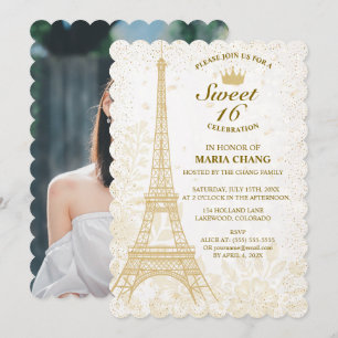Invitation Sweet sixteen : Tour Eiffel Or et Accent Floral