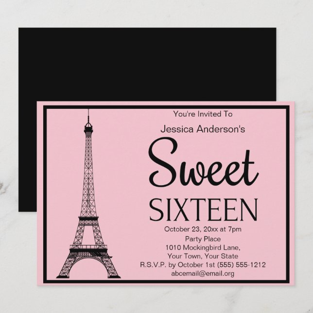 Invitation Sweet sixteen Tour Eiffel rose Paris (Devant / Derrière)