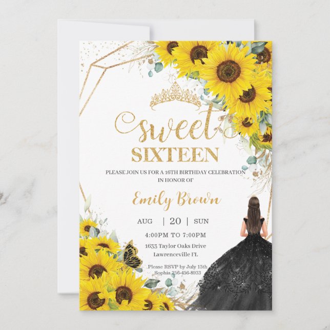 Invitation Sweet sixteen Tournesol Floral Or robe noire (Devant)
