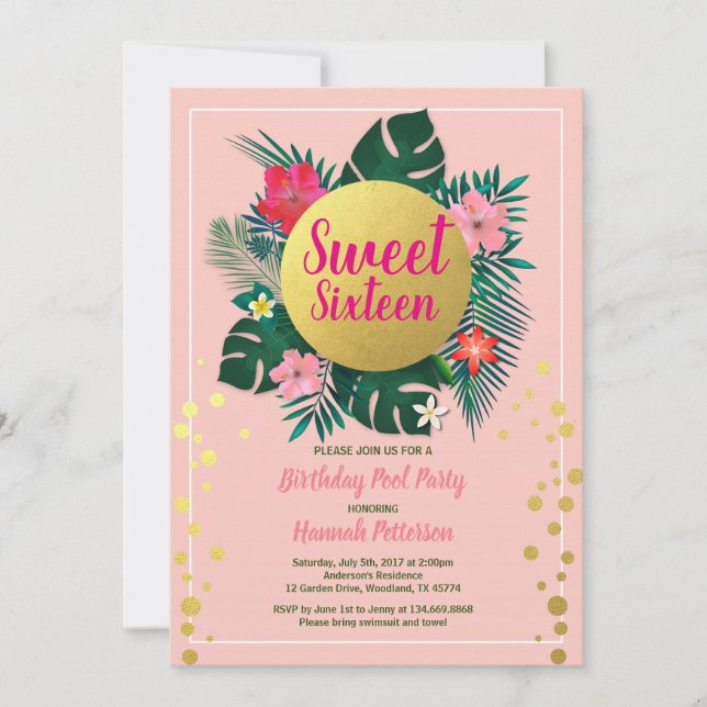 Invitation Sweet sixteen tropical 16 piscine rose et or (Devant)