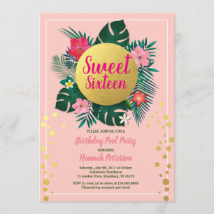 Invitation Sweet sixteen tropical 16 piscine rose et or