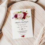 Invitation Sweet sixteen Tropical Rouge fête d'anniversaire<br><div class="desc">Cette invitation à fêter un sweet sixteen tropical rouge est parfaite pour une élégante fête du 16ème anniversaire. Le design artistique bordo marsala présente des roses d'aquarelle,  verts,  roses,  bordeaux et roux assortis de verdure bien disposés dans un bouquet de fleurs gracieux et radieux.</div>